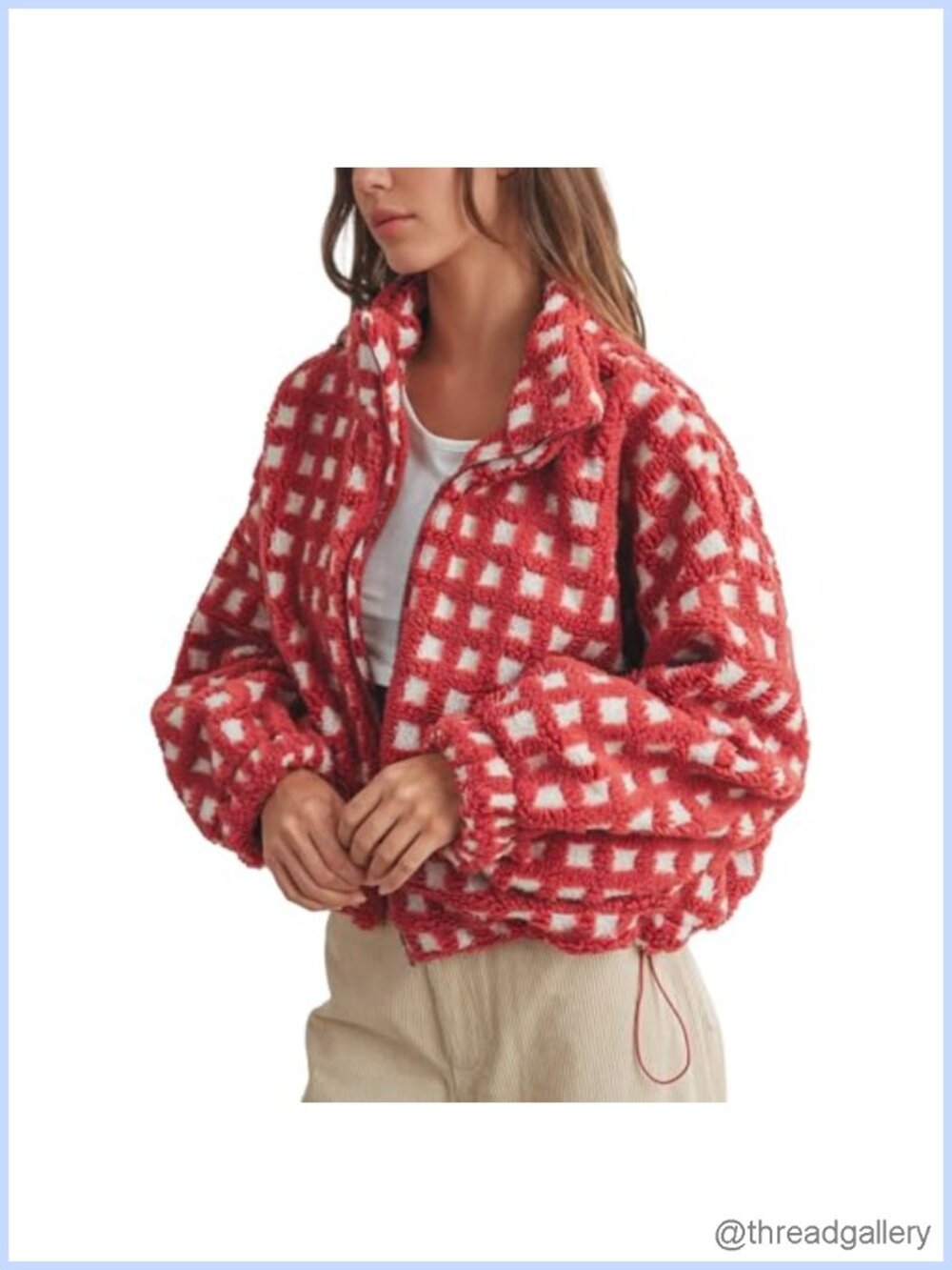 Womens Cropped Sherpa Fleece Jacket Zip Up Gingham Plaid Casual Winter Coat